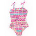 Shade Critters Summer Plaid Girls Ruffle Smocked One Piece Swimsuit 6m-10