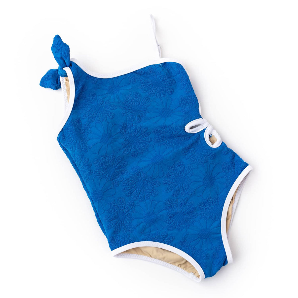 Detail of Royal Blue Floral Girls Textured Cut Out Daisy One Shoulder One Piece 2-10