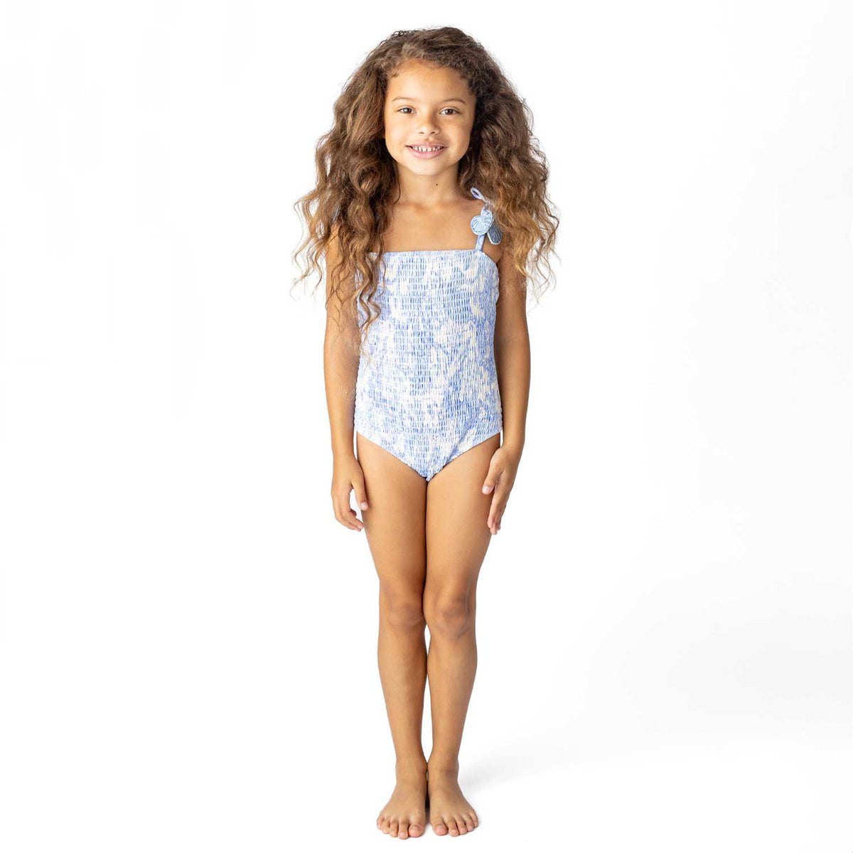 Detail of Shade Critters Tropical Blues Girls Smocked One Piece Swimsuit 6m-10