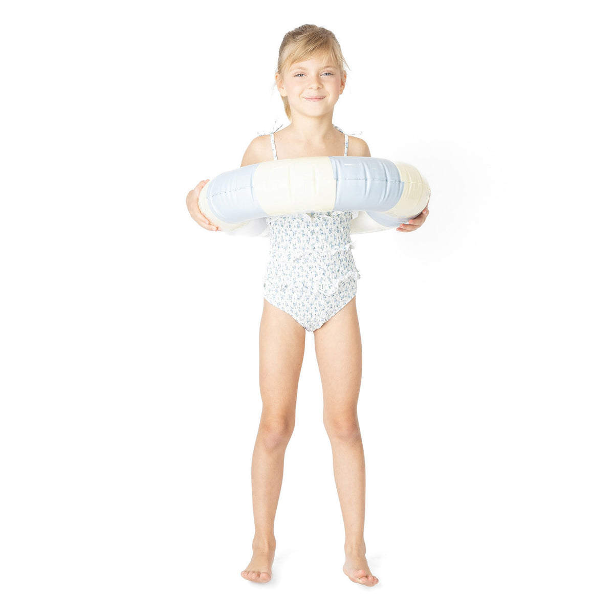 Girls Cottage Floral Blue smocked one piece swimsuit styled for summer swim days.