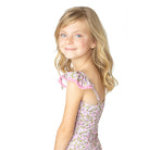 Shade Critters Blushing Blooms smocked one piece swimsuit close up. 