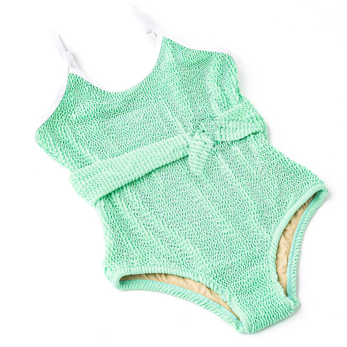 Girls mint green crinkle one piece swimsuit with adjustable belt and soft stretch fabric, stylish kids swimwear.