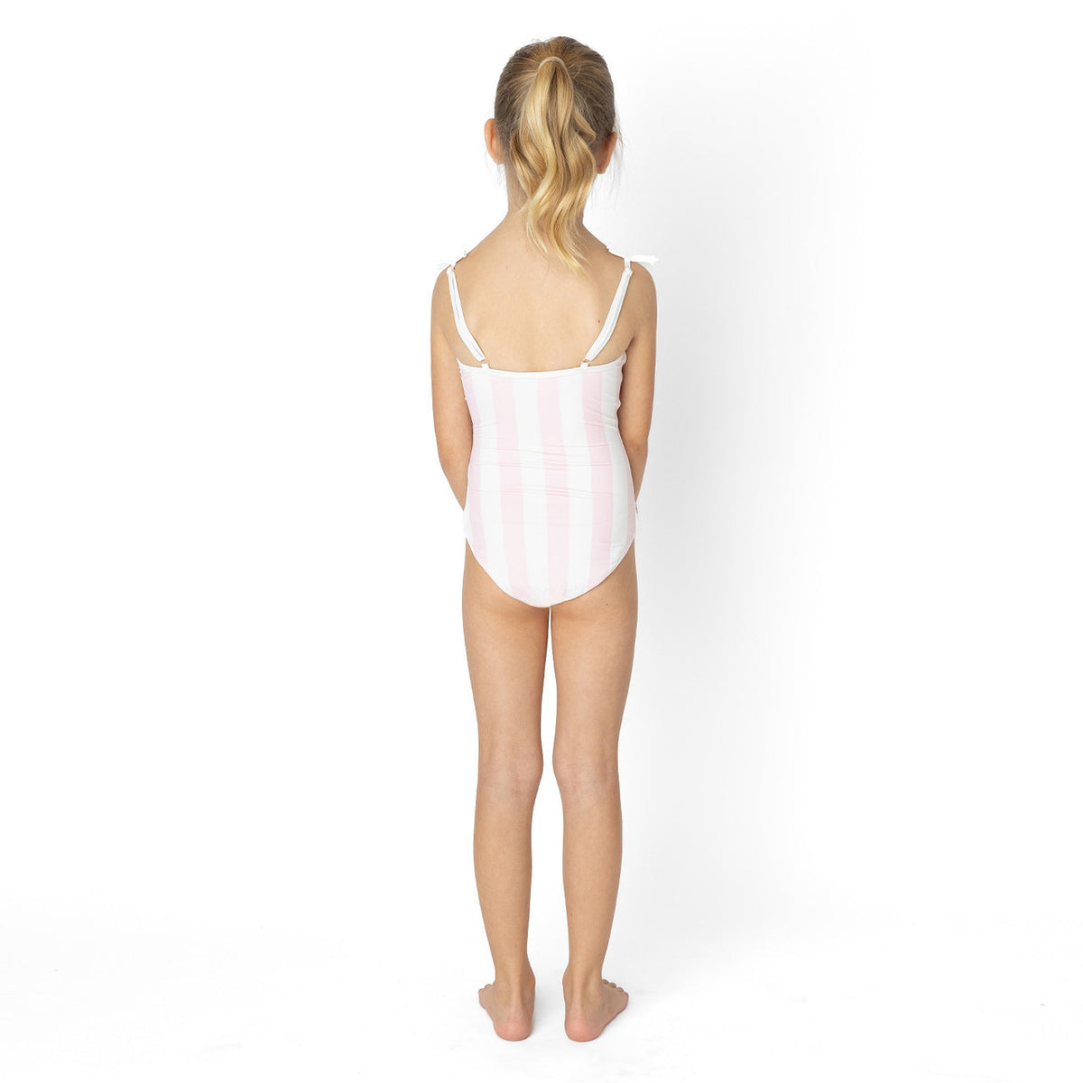 Girls striped one piece swimsuit with classic back and soft stretch fit, comfortable kids swimwear.