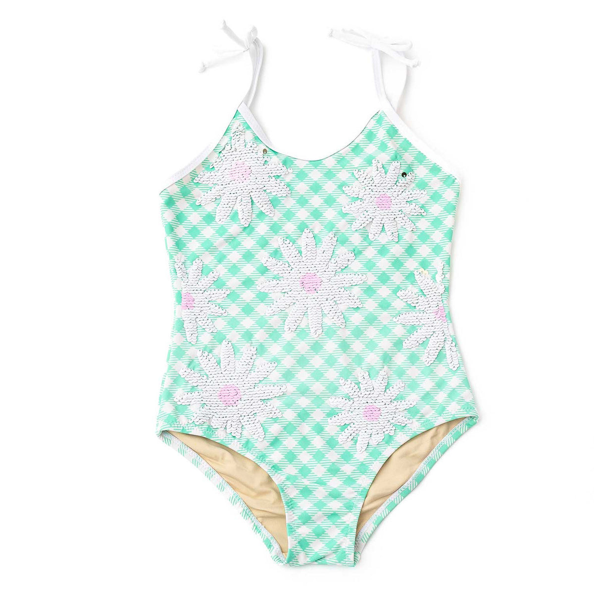 Girls striped one piece swimsuit with sequin daisy design and pastel colors, cute kids swimwear.