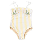 Girls butter stripe one piece swimsuit with delicate embroidery and soft stretch fabric, cute kids swimwear.