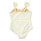 Girls yellow floral one piece swimsuit with ribbed fabric and comfortable fit, stylish kids swimwear.