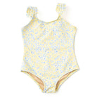 Girls floral ribbed one piece swimsuit in soft yellow butter blooms print with ruffle straps, cute kids swimwear.