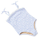 Girls blue floral one piece swimsuit with crochet trim and delicate print, stylish kids swimwear.