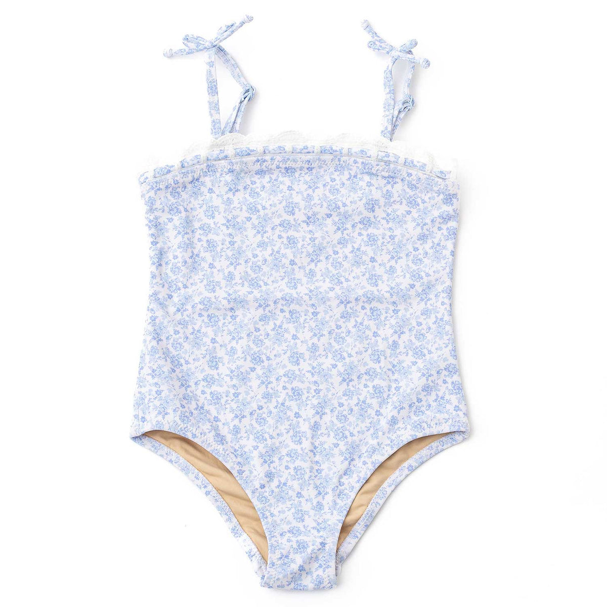 Shade Critters girls one piece swimsuit in coastal gardens floral print with crochet trim detail, soft blue kids swimwear.