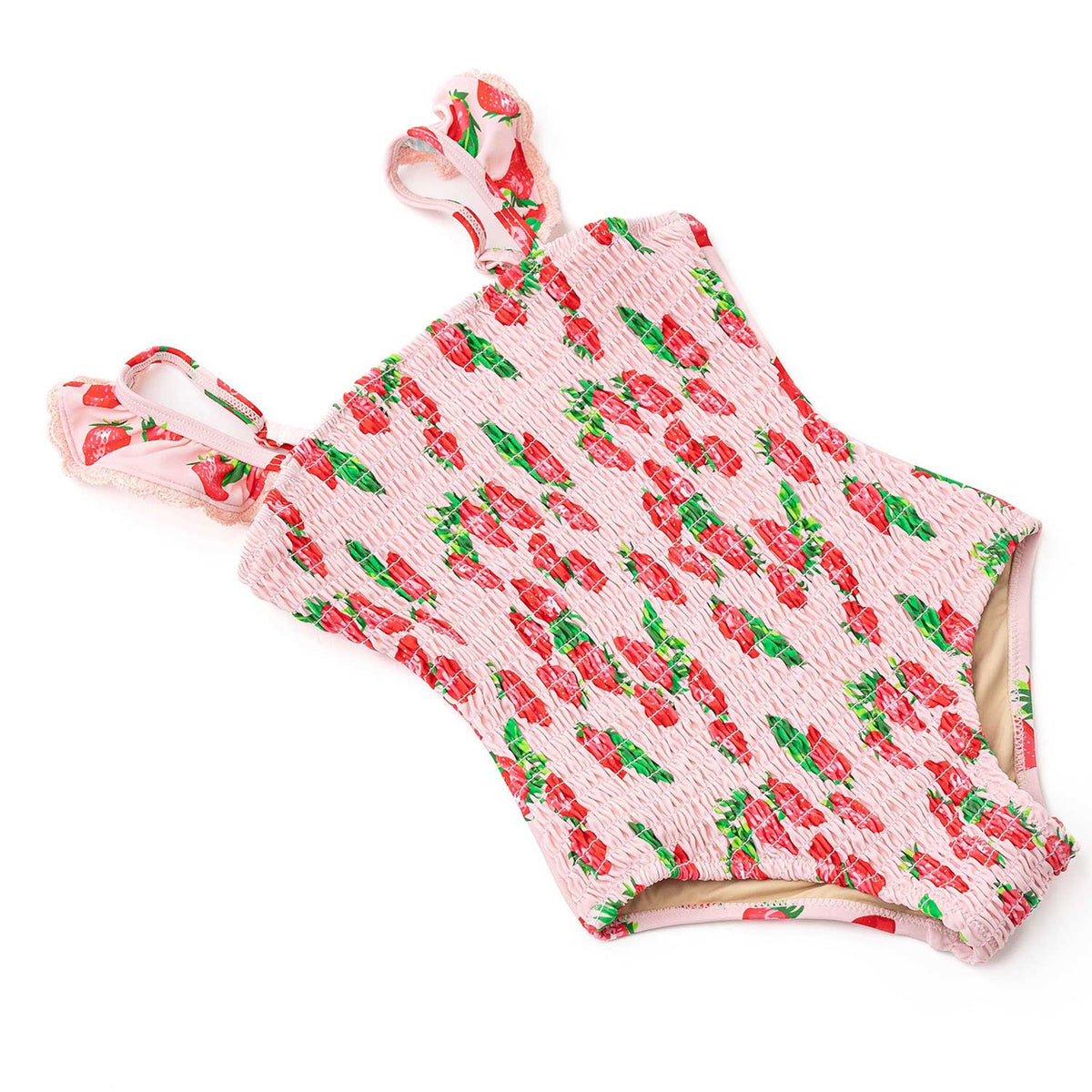 Girls fruit print one piece swimsuit with ruffle straps and smocked design, stylish kids swimwear.