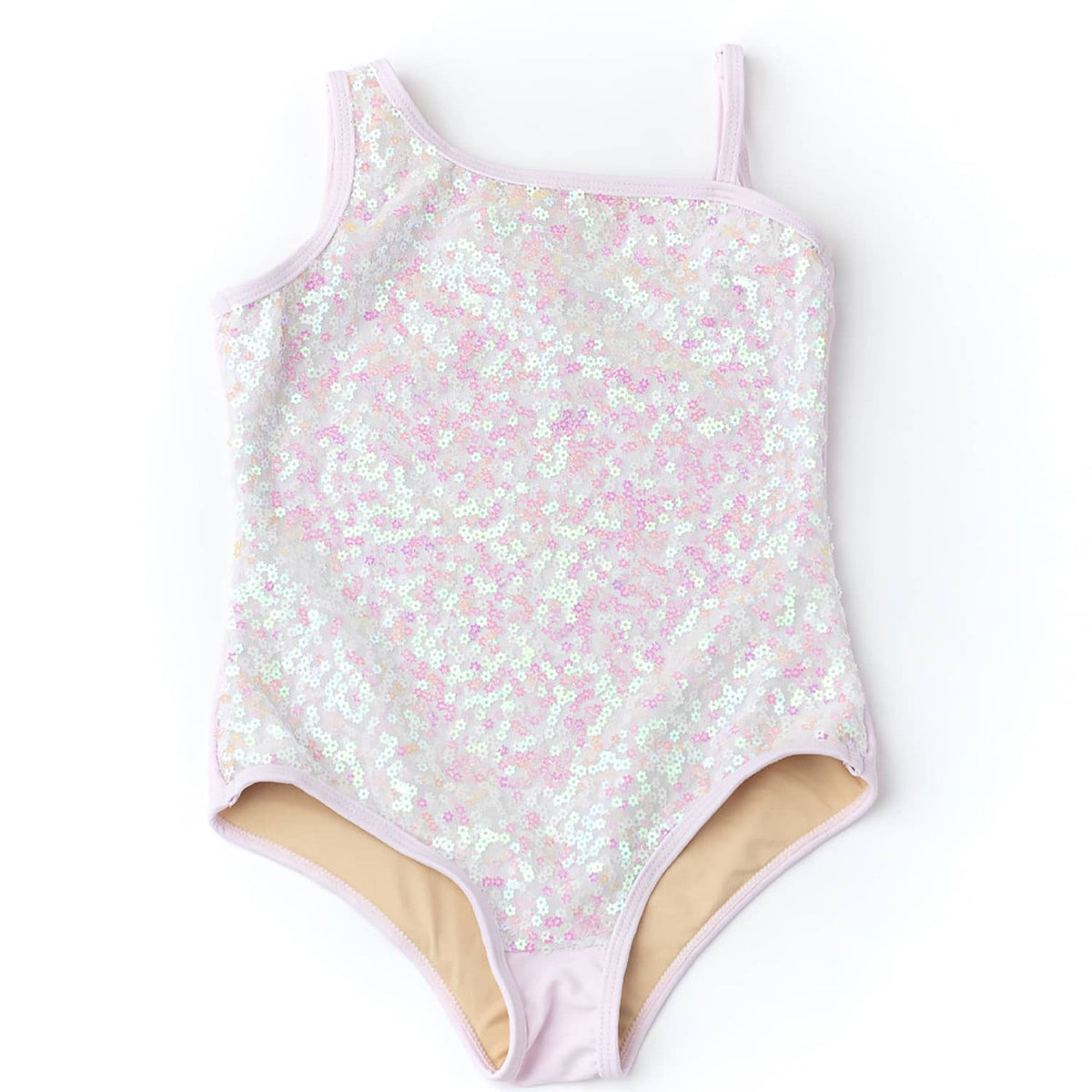 Shade Critters Light Pink Girls Daisy Sequin One Shoulder One Piece Swimsuit 3-10