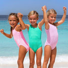 Detail of Pink Girls Crinkle Textured One Shoulder One Piece Swimsuit 3-14