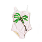 Shade Critters Girls Coco Palm one shoulder one piece swimsuit with green reversible sequin palm.