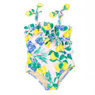 Shade Critters girls ruffle one piece swimsuit in Santorini citrus print with lemons and florals, ruffles and playful kids swimwear design.