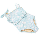 Girls blue one shoulder swimsuit with shell trim accent and soft stretch fabric, trendy kids swimwear.