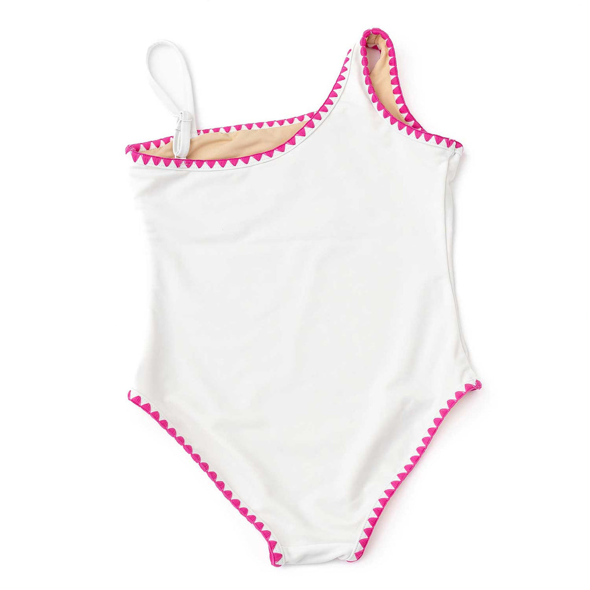 Girls white one piece swimsuit with one shoulder strap and comfortable fit, stylish kids swimwear.