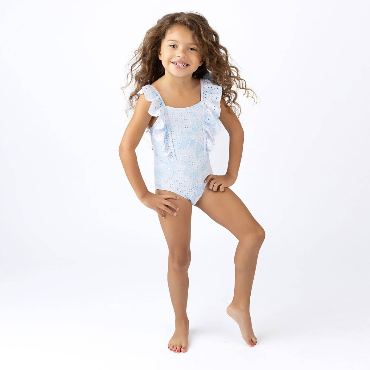 Shade Critters Swimsuit Blue Skies Girls Eyelet Ruffle Shoulder One Piece Swimsuit 6m-6