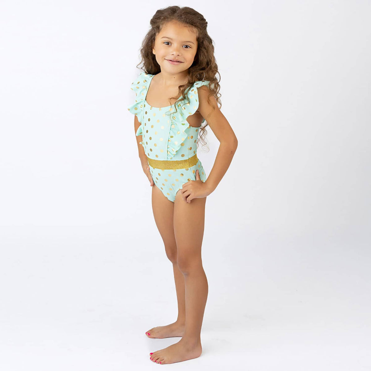 Shade Critters Swimsuit Mint & Gold Dot Girls Ruffle Shoulder One Piece Swimsuit 6m-6