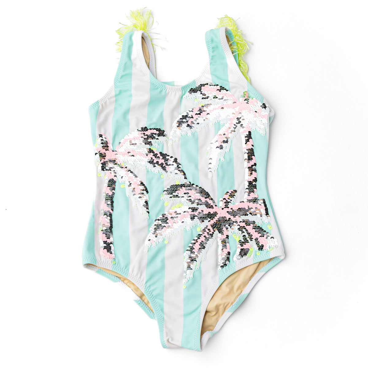 Shade Critters Palm Stripe Girls Sequin Fringe Back One Piece Swimsuit 3t-10