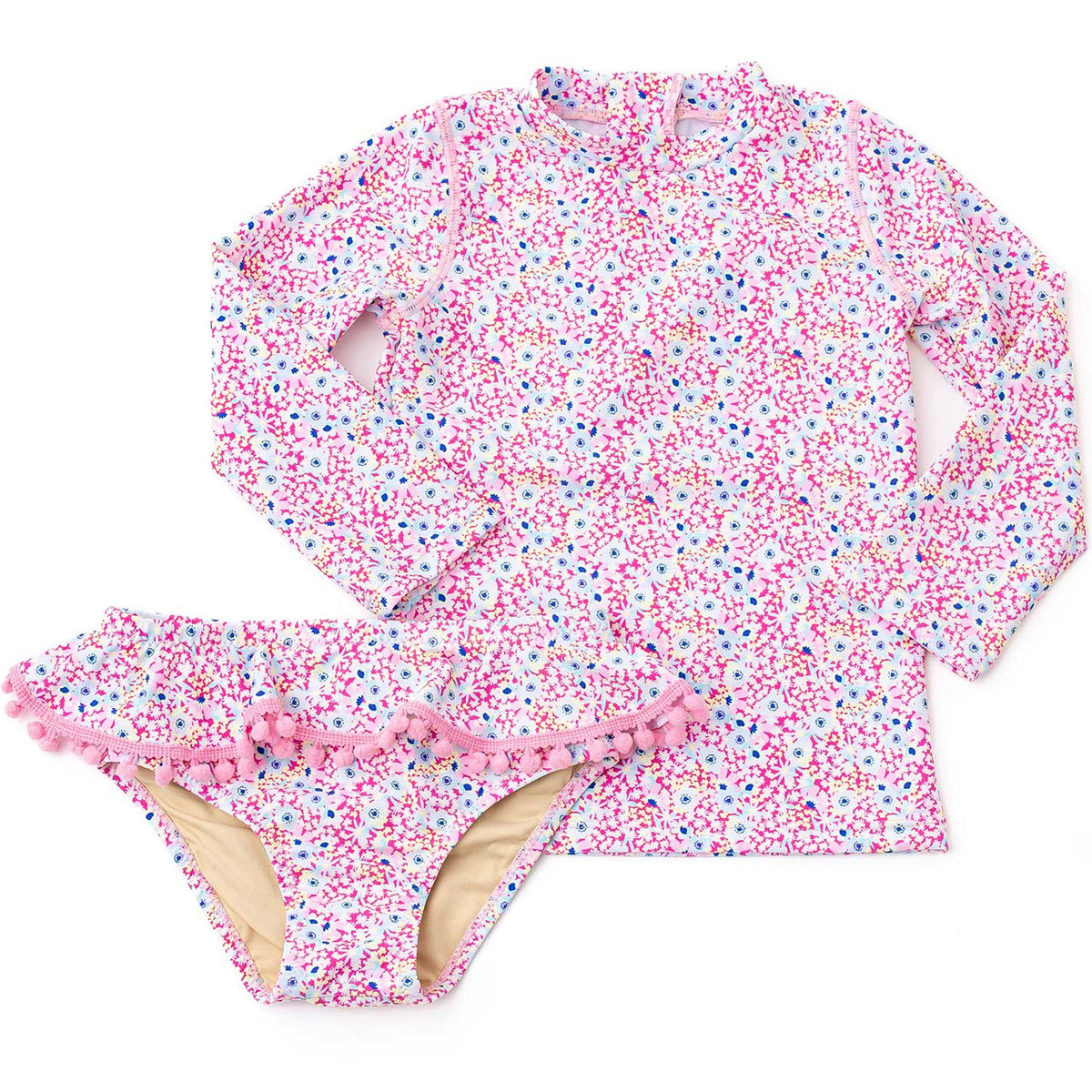 Shade Critters girls rashguard swim set in electric ditsy floral print, long sleeve two piece swimsuit with bright pink and multicolor pattern, UPF kids swimwear.