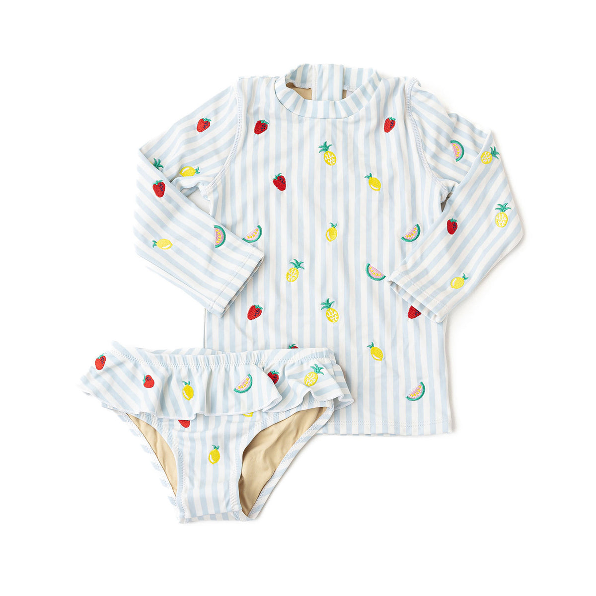 Shade Critters girls rashguard swim set in pastel picnic stripe with colorful embroidered icons, long sleeve swim top and matching bikini bottoms, UPF kids swimwear.