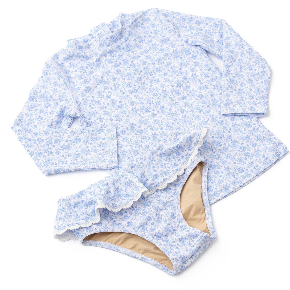 Girls blue floral long sleeve swimsuit set with soft stretch fabric, comfortable kids swimwear.