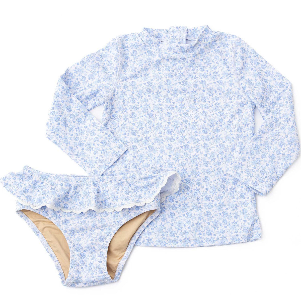 Girls coastal floral rashguard swim set with long sleeve top and coordinating bottoms, cute kids swimwear.