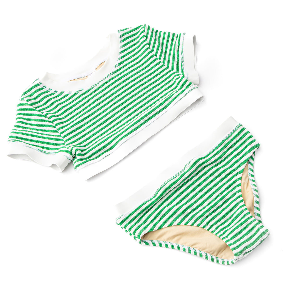 Shade Critters Green Stripe Girls Ribbed Cropped Short Sleeve Two Piece Swimsuit 4t-14