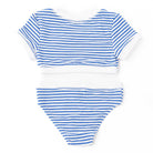 Girls blue striped ribbed bikini set with short sleeve crop top and coordinating bottoms, comfortable and stylish kids swimwear.