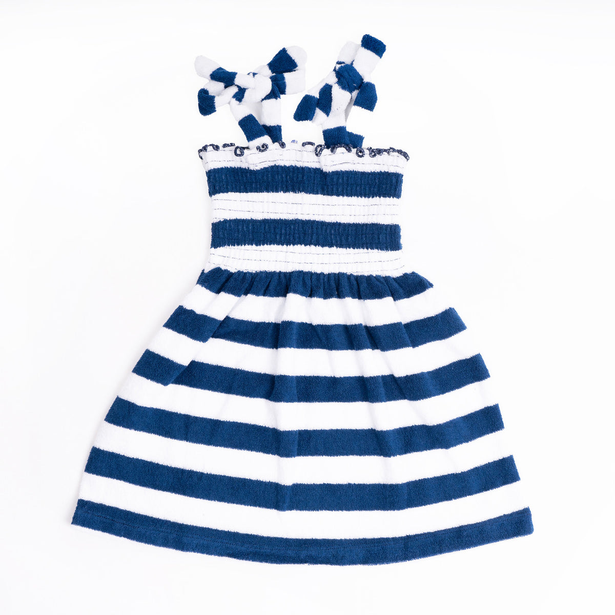 Shade Critters Navy Stripe Girls Terry Smocked Tie Top Dress 3t-14