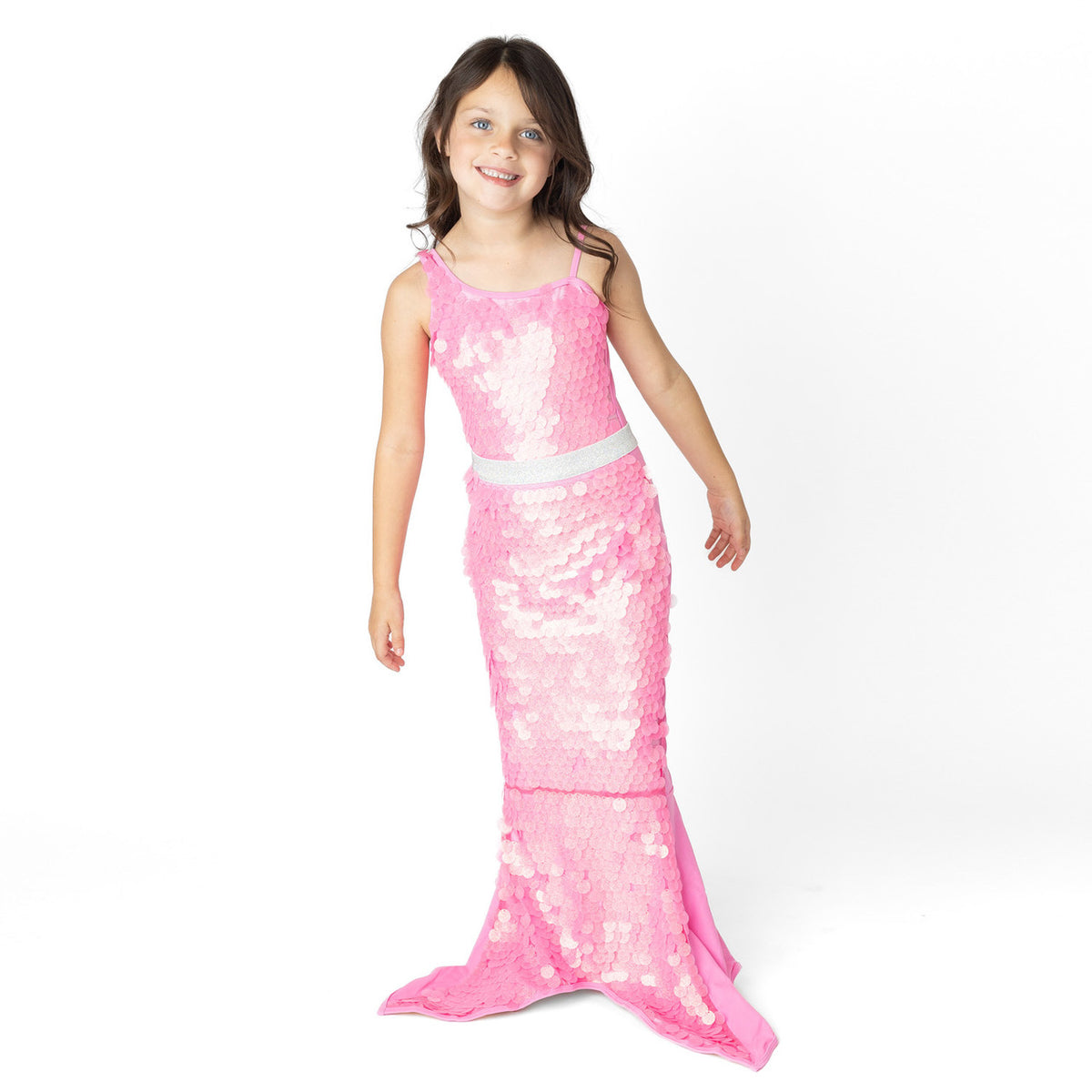 Girls pink paillette mermaid tail cover up on model showing full length and tail shape