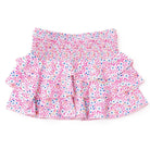 Girls electric ditsy print smocked ruffle skirt with tiered detail, stylish kids swim cover up.