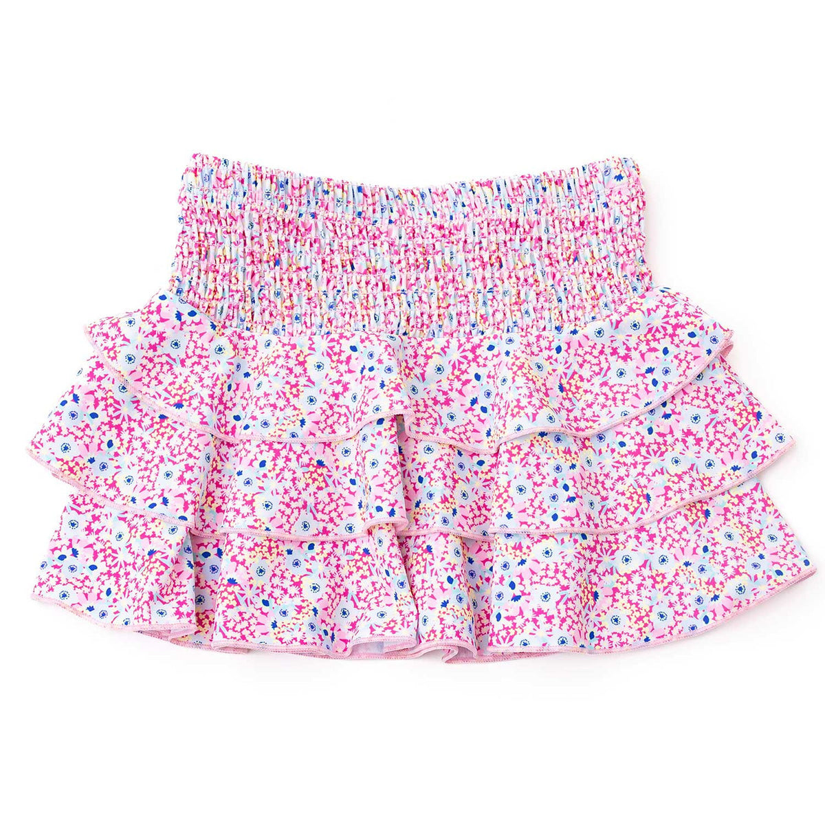 Shade Critters girls smocked ruffle skirt in electric ditsy floral print, colorful kids swim cover up with tiered ruffle design.