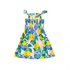 Shade Critters girls smocked tie top dress in Santorini citrus print with lemons and florals, lightweight kids summer dress.