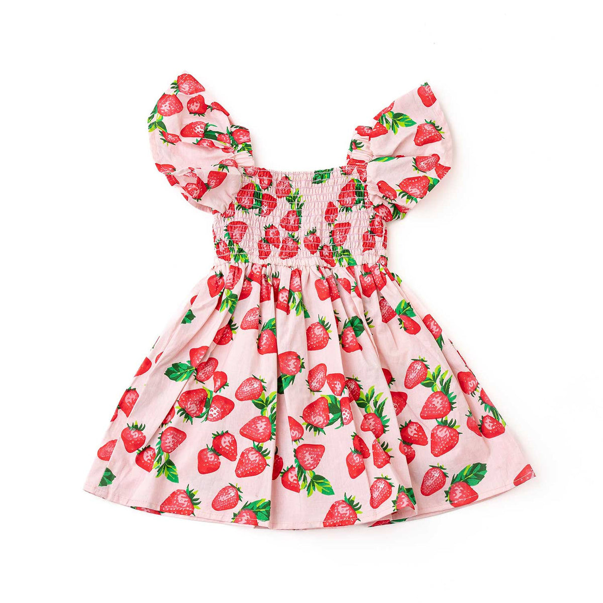 Shade Critters girls cotton smocked dress in strawberry bliss print with ruffle sleeves, cute fruit print kids summer dress.