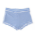 Girls striped ribbed swim shorts in blue and white, comfortable kids swimwear bottoms with flexible fit.