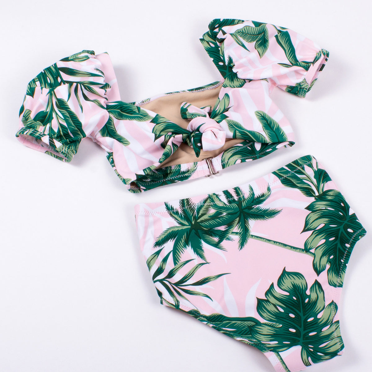 picture of SG06B-159 -high waist puff sleeve bikini - pink palm