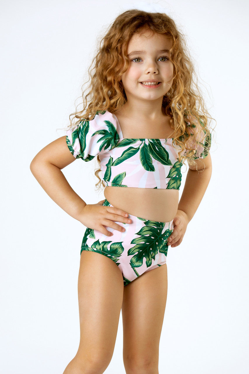 picture of SG06B-159 -high waist puff sleeve bikini - pink palm