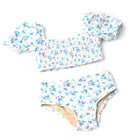 Detail of Cottage Rose Blue Girls Terry Smocked Mid Rise Bikini 2-10