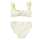 Girls yellow floral ribbed bikini set with cap sleeve top and matching bottoms, stylish kids swimwear.