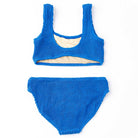 Girls blue crinkle two piece swimsuit with scoop back top and matching bottoms, comfortable and trendy kids swimwear.