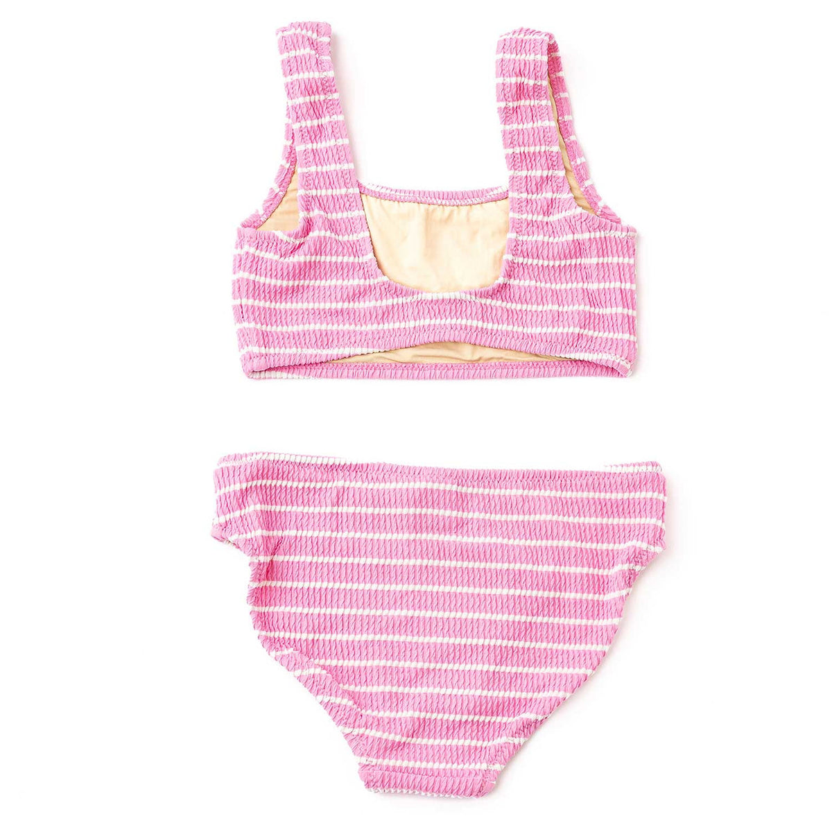 Girls striped crinkle two piece swimsuit in pink with scoop back top and matching bottoms, trendy kids swimwear.