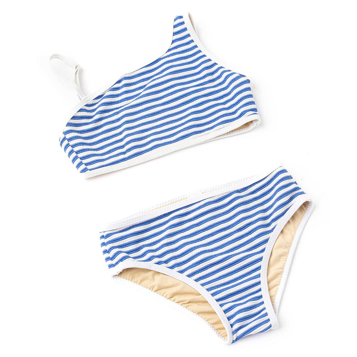 Girls cobalt stripe ribbed one shoulder bikini with soft stretch fabric and stylish asymmetrical fit, trendy kids two piece swimsuit.