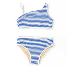 Shade Critters girls ribbed one shoulder bikini set in cobalt stripe, textured two piece swimsuit with modern asymmetrical kids swimwear design.