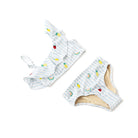 Girls bikini set in pastel picnic stripe with multicolor embroidery and ruffle detail, stylish kids swimwear two piece swimsuit.