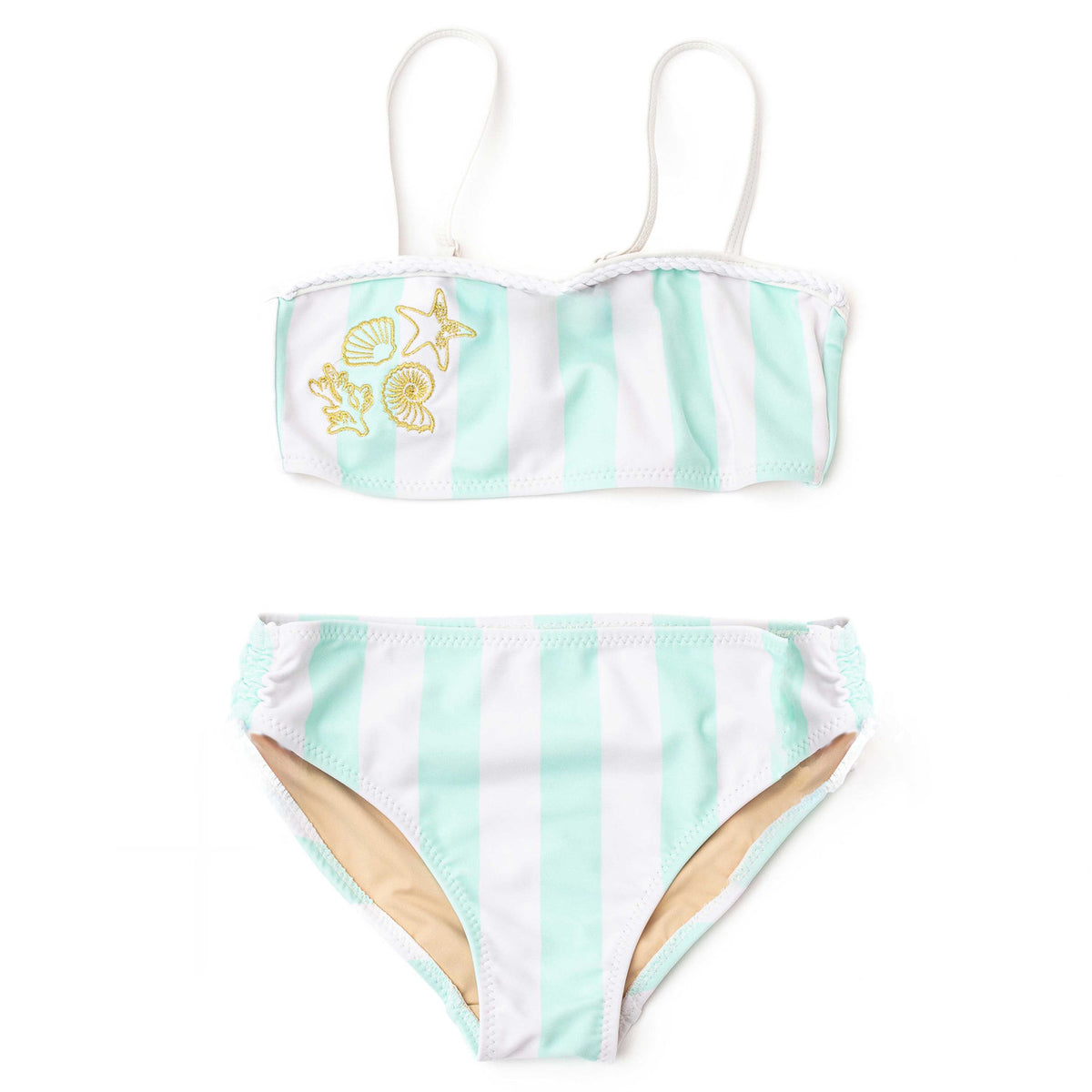 Tween girls striped bikini set with metallic sheen and embroidered detail, stylish two piece kids swimwear.