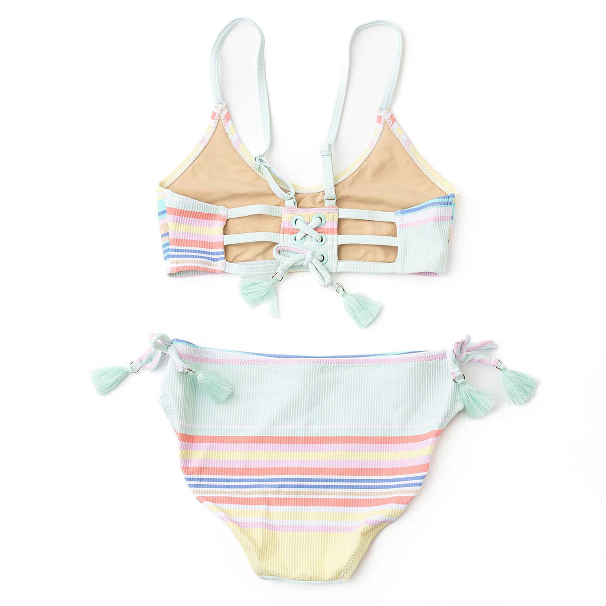Tween girls striped ribbed bikini with tie back detail and matching bottoms, comfortable kids swimwear.