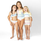 Girls surfer stripe two piece swimsuit with ribbed short sleeve crop top, colorful kids swimwear shown on models.