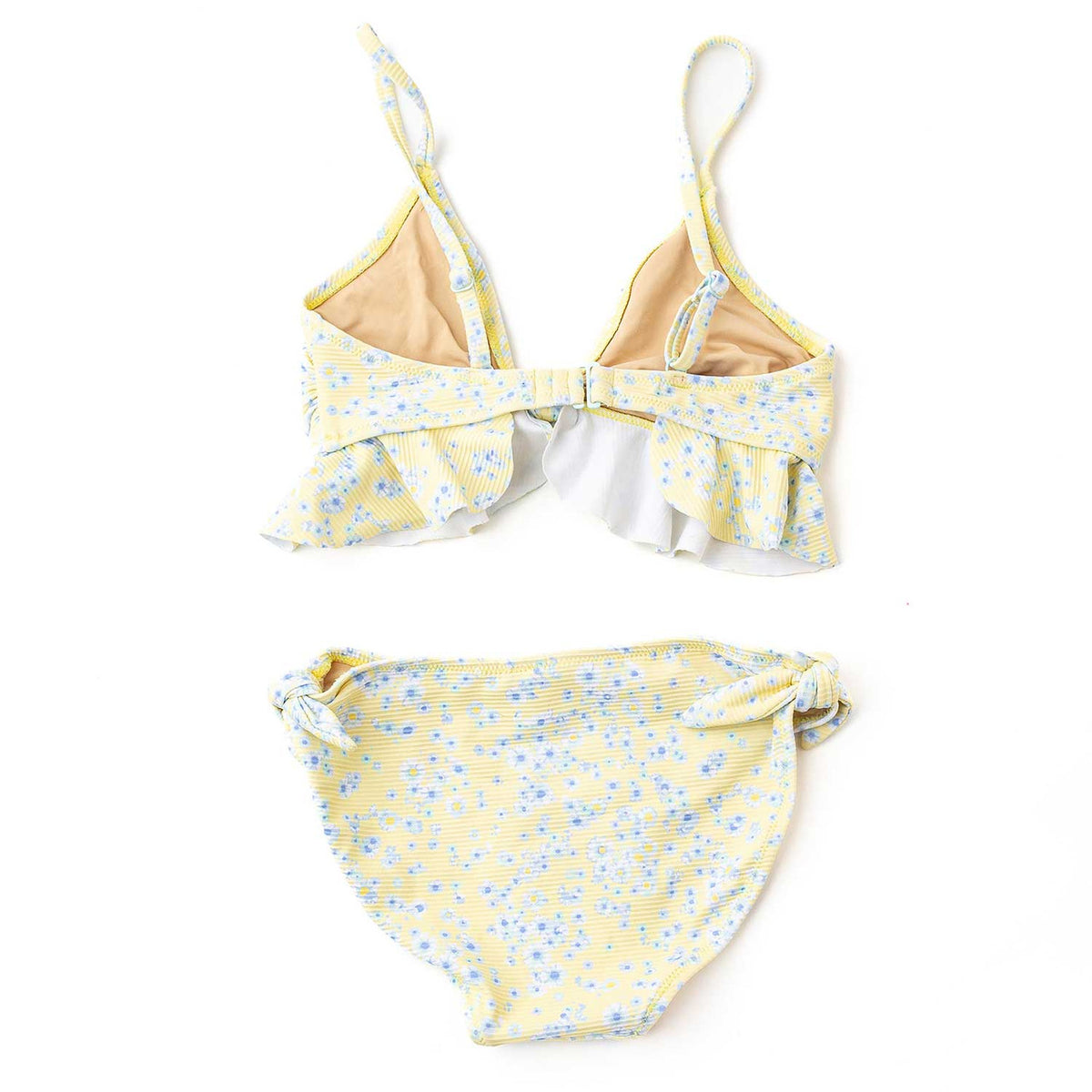 Tween girls yellow floral ribbed bikini set with ruffle trim and matching bottoms, trendy kids swimwear.