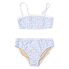 Shade Critters tween girls two piece swimsuit in coastal gardens floral print with crochet trim detail, soft blue kids bikini set.